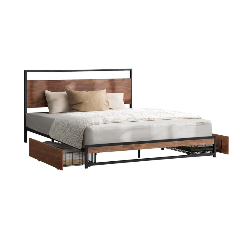 Oikiture Metal Bed Frame Double Size Bed Base Platform 2 Drawers Black