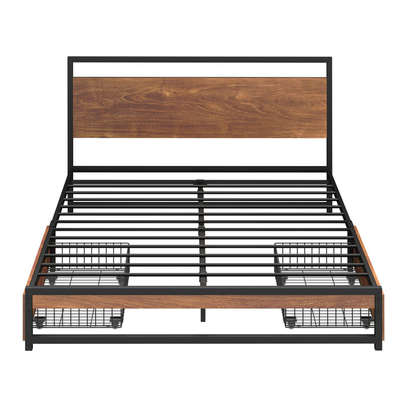 Oikiture Metal Bed Frame Double Size Bed Base Platform 2 Drawers Black