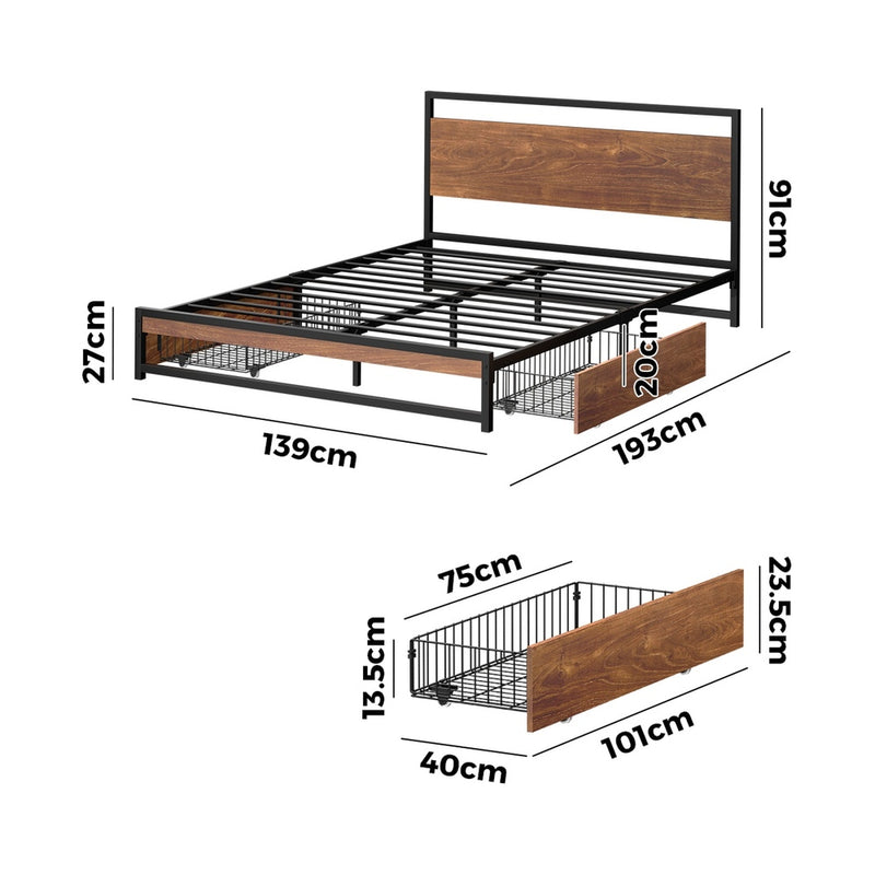 Oikiture Metal Bed Frame Double Size Bed Base Platform 2 Drawers Black