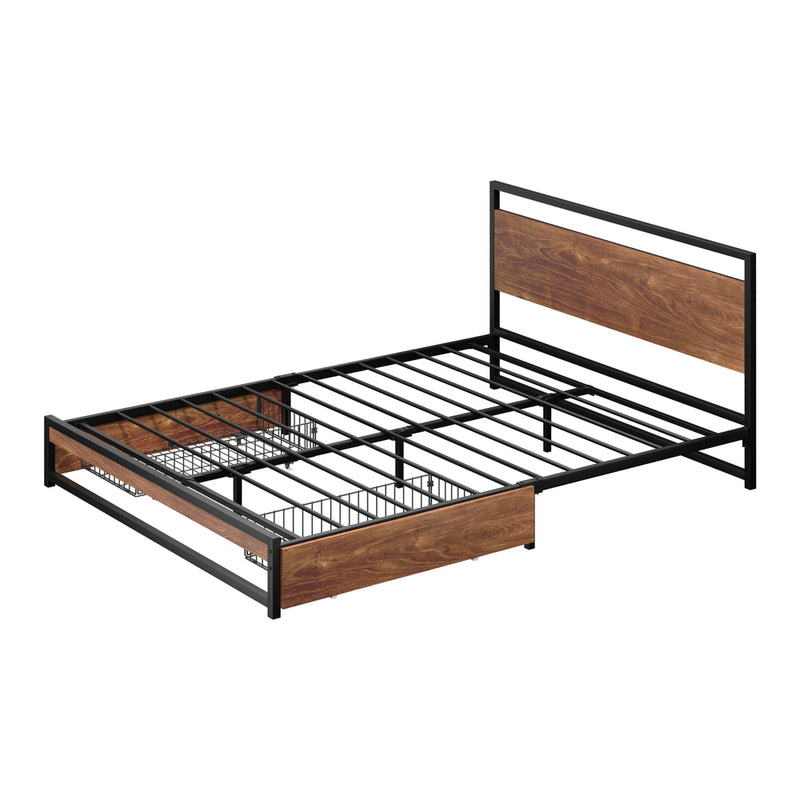 Oikiture Metal Bed Frame Double Size Bed Base Platform 2 Drawers Black