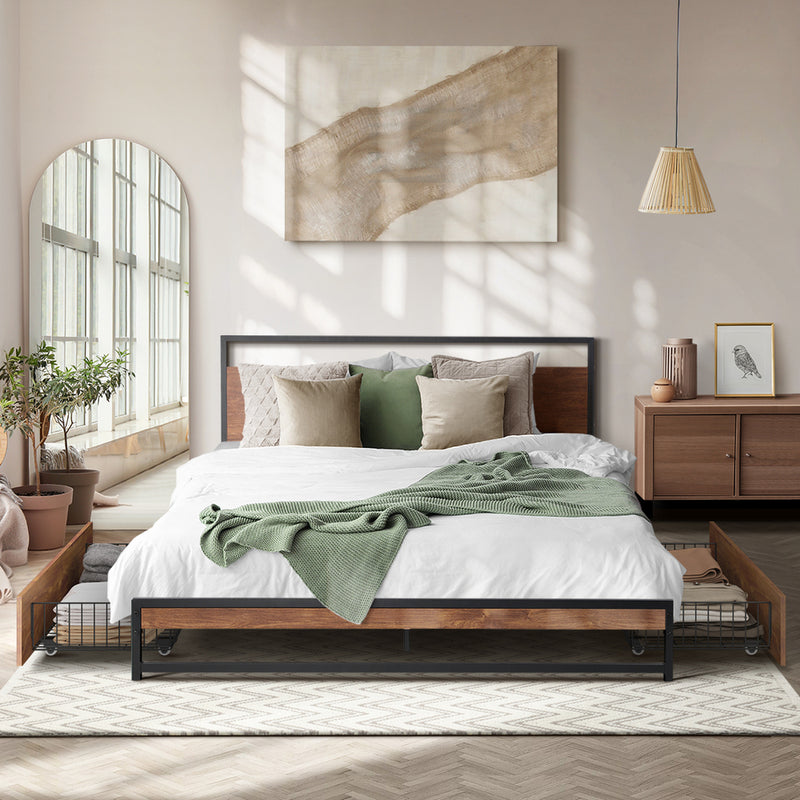 Oikiture Metal Bed Frame Double Size Bed Base Platform 2 Drawers Black