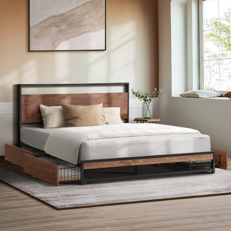 Oikiture Metal Bed Frame King Size Bed Base Platform 4 Drawers Black