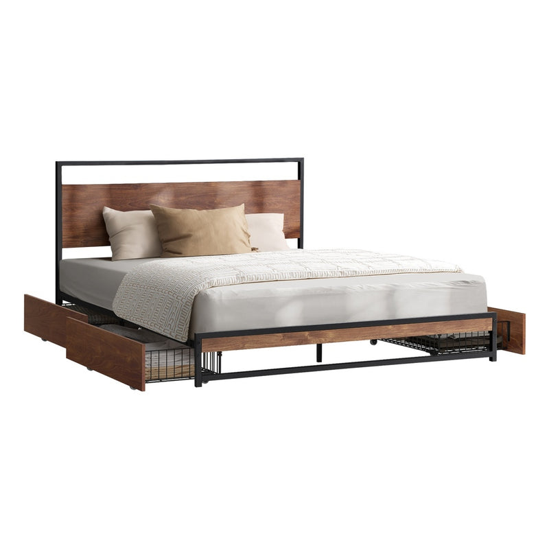 Oikiture Metal Bed Frame King Size Bed Base Platform 4 Drawers Black
