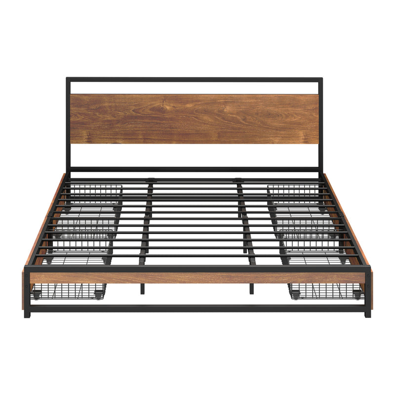 Oikiture Metal Bed Frame King Size Bed Base Platform 4 Drawers Black