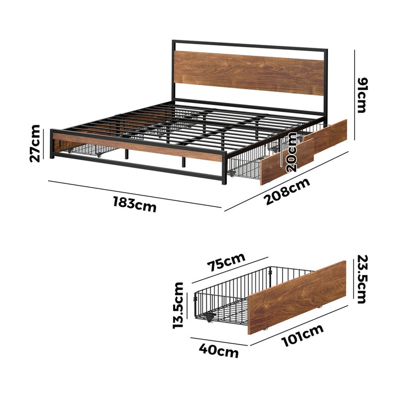 Oikiture Metal Bed Frame King Size Bed Base Platform 4 Drawers Black