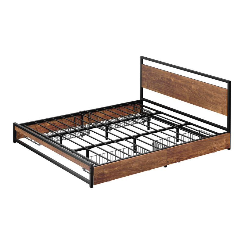 Oikiture Metal Bed Frame King Size Bed Base Platform 4 Drawers Black