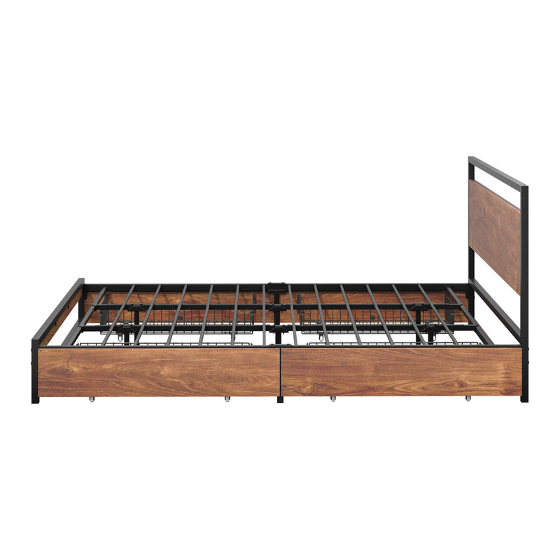 Oikiture Metal Bed Frame King Size Bed Base Platform 4 Drawers Black