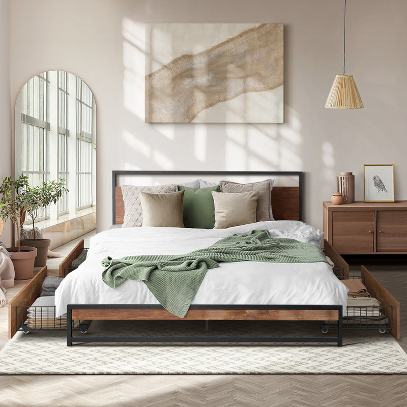 Oikiture Metal Bed Frame King Size Bed Base Platform 4 Drawers Black