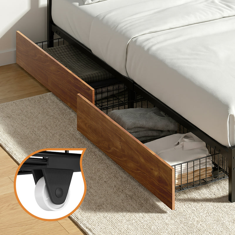 Oikiture Metal Bed Frame King Size Bed Base Platform 4 Drawers Black