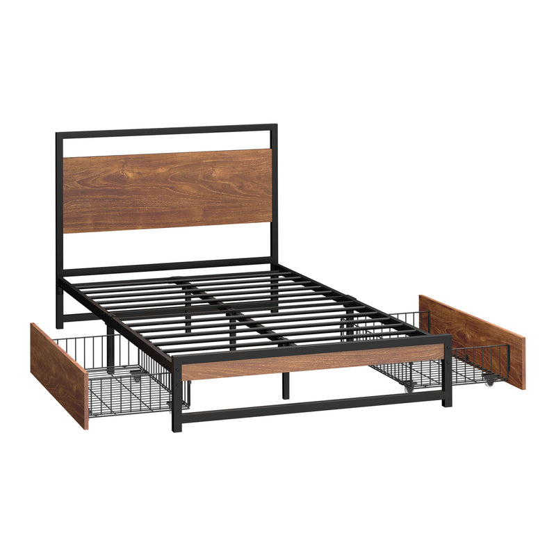 Oikiture Metal Bed Frame King Single Bed Base Platform 2 Drawers Black