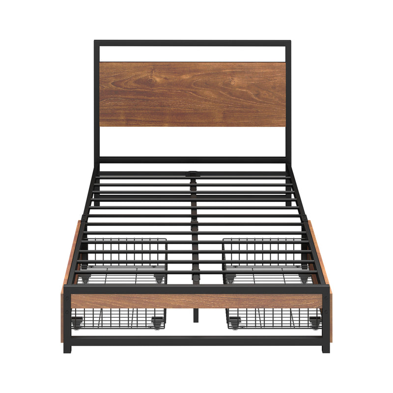 Oikiture Metal Bed Frame King Single Bed Base Platform 2 Drawers Black