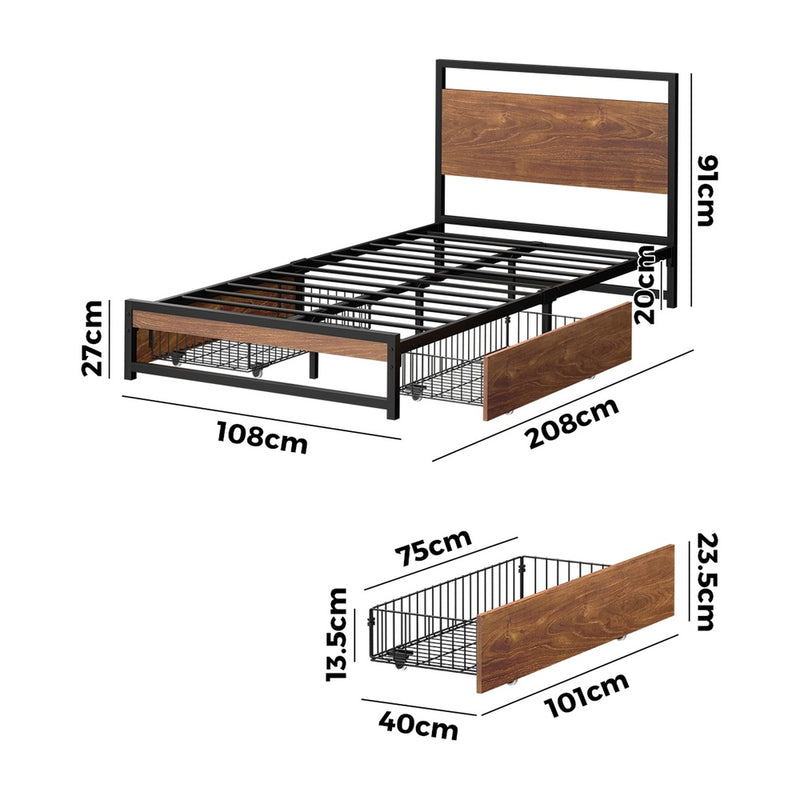 Oikiture Metal Bed Frame King Single Bed Base Platform 2 Drawers Black