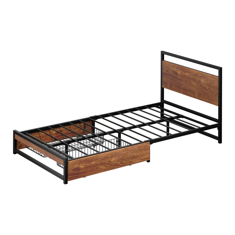 Oikiture Metal Bed Frame King Single Bed Base Platform 2 Drawers Black