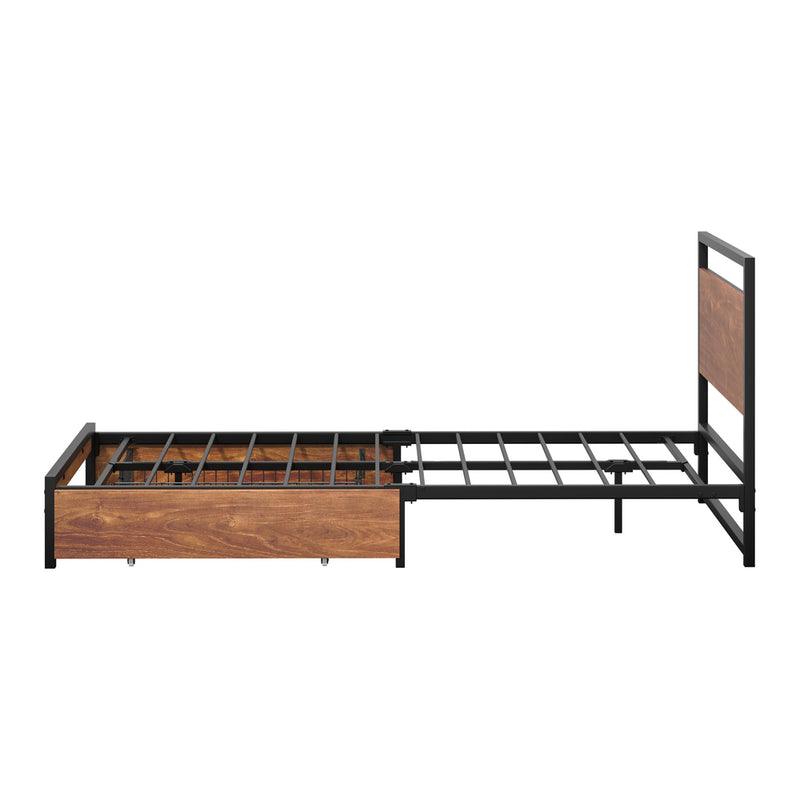 Oikiture Metal Bed Frame King Single Bed Base Platform 2 Drawers Black
