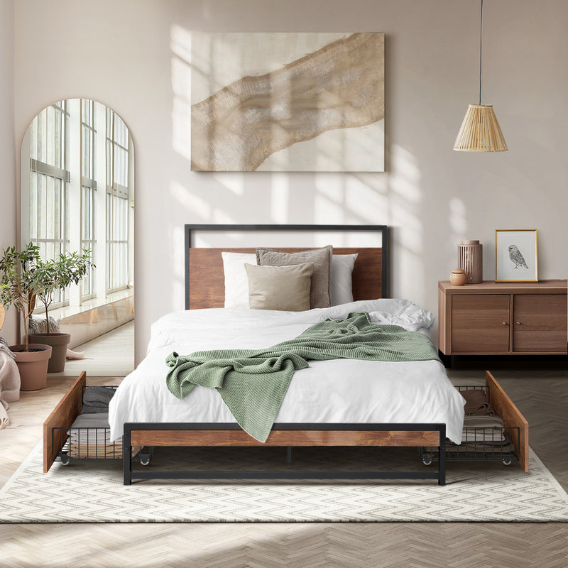 Oikiture Metal Bed Frame King Single Bed Base Platform 2 Drawers Black