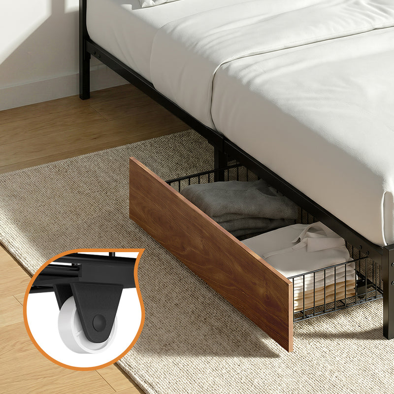Oikiture Metal Bed Frame King Single Bed Base Platform 2 Drawers Black
