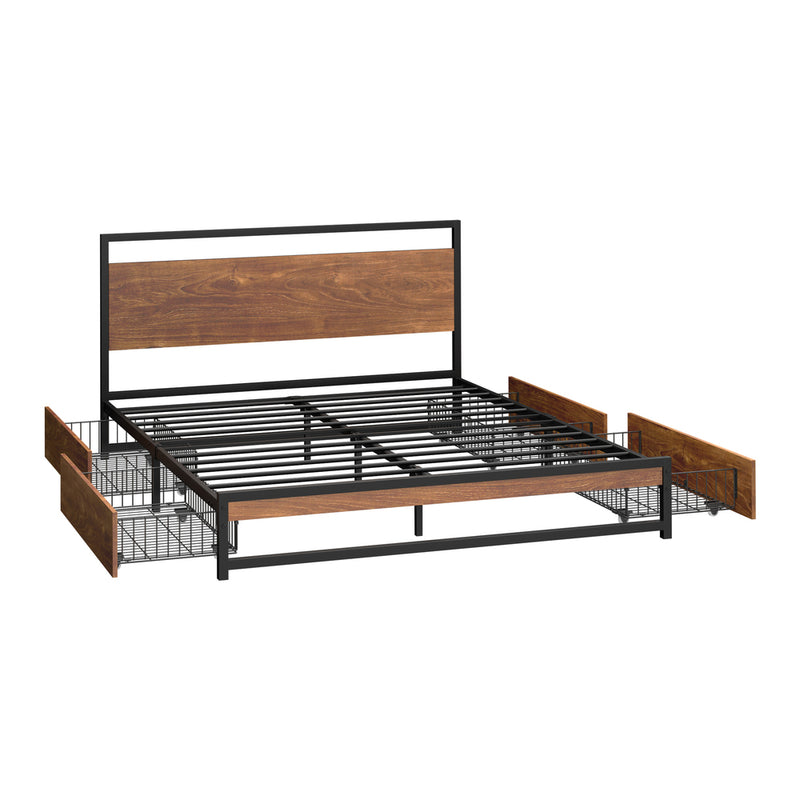 Oikiture Metal Bed Frame Queen Beds Base Platform with 4 Drawers Black
