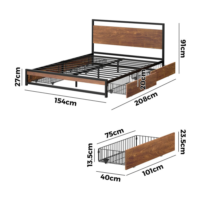 Oikiture Metal Bed Frame Queen Beds Base Platform with 4 Drawers Black