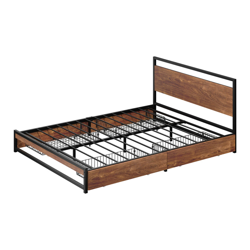 Oikiture Metal Bed Frame Queen Beds Base Platform with 4 Drawers Black