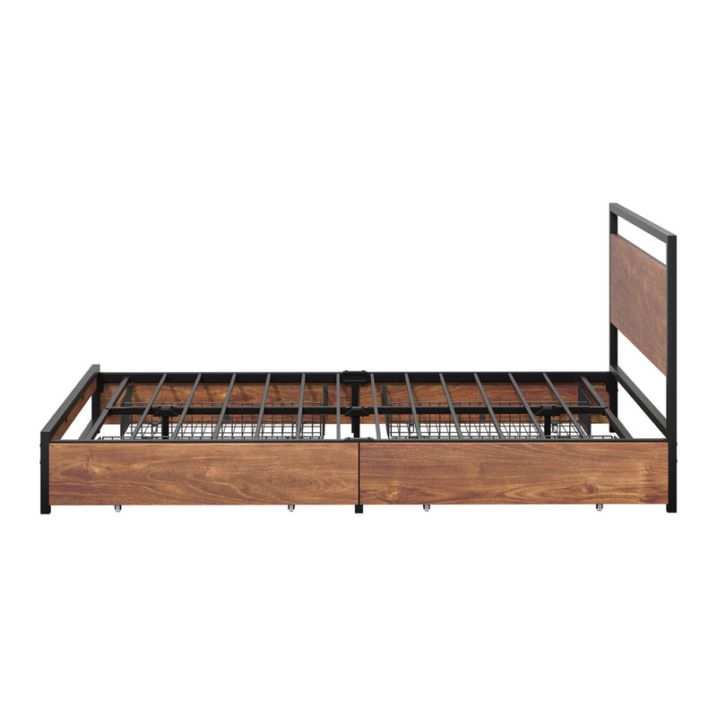 Oikiture Metal Bed Frame Queen Beds Base Platform with 4 Drawers Black