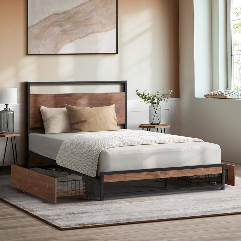 Oikiture Metal Bed Frame Single Bed Base Platform with 2 Drawers Black