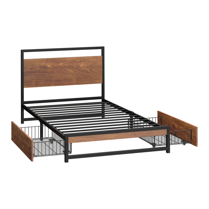 Oikiture Metal Bed Frame Single Bed Base Platform with 2 Drawers Black