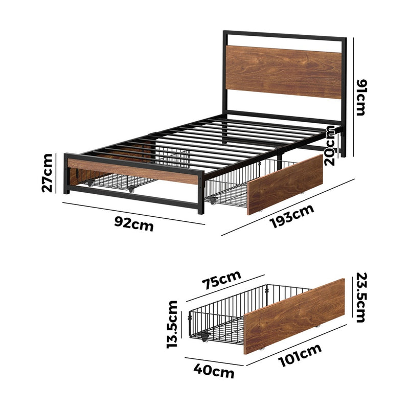 Oikiture Metal Bed Frame Single Bed Base Platform with 2 Drawers Black