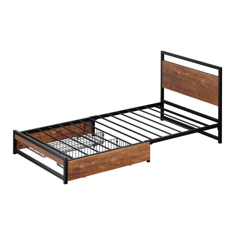 Oikiture Metal Bed Frame Single Bed Base Platform with 2 Drawers Black
