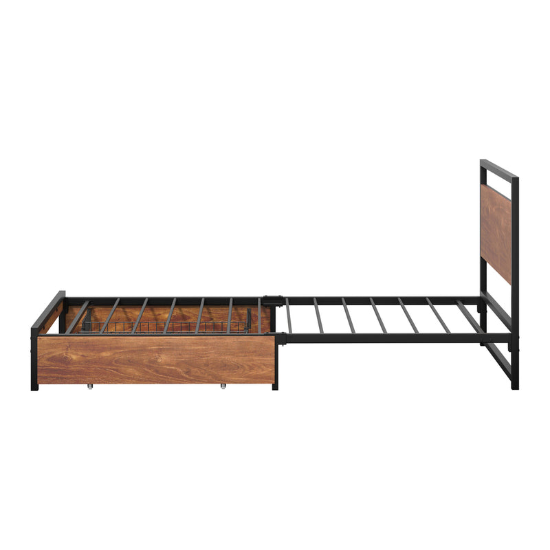 Oikiture Metal Bed Frame Single Bed Base Platform with 2 Drawers Black