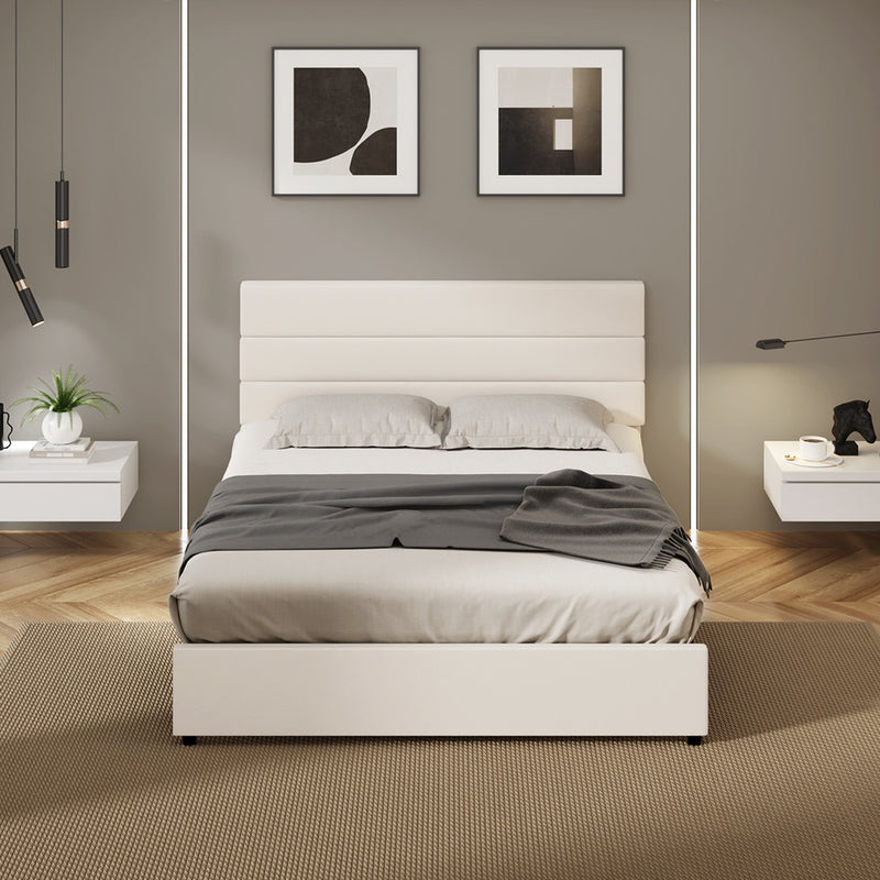 Oikiture Bed Frame Double Size Platform Beds Headboard Beige
