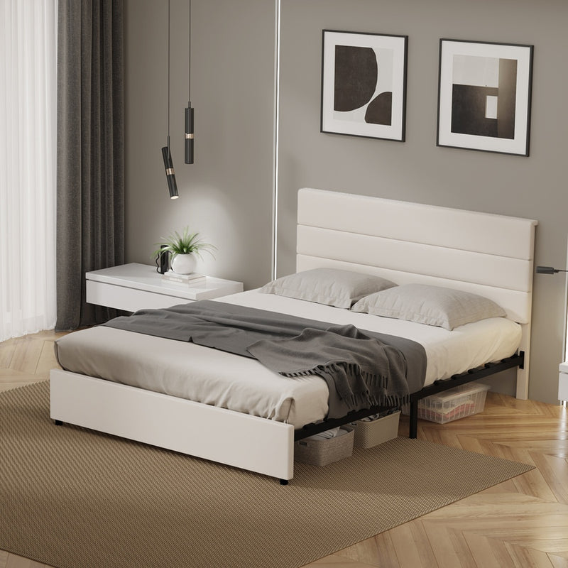 Oikiture Bed Frame Double Size Platform Beds Headboard Beige