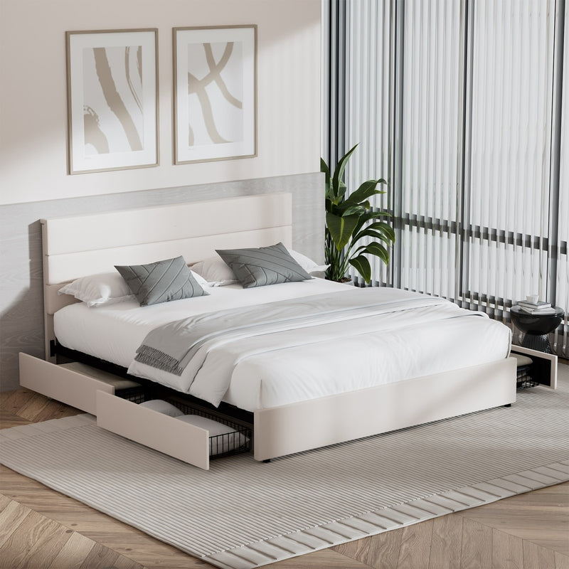 Oikiture Bed Frame King Headboard Beds with 4 Storage Drawers Beige
