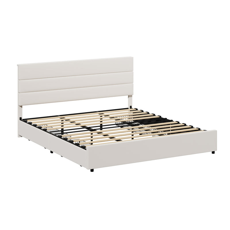 Oikiture Bed Frame King Headboard Beds with 4 Storage Drawers Beige