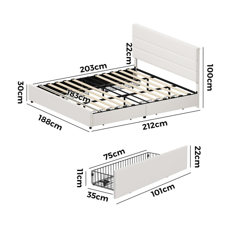 Oikiture Bed Frame King Headboard Beds with 4 Storage Drawers Beige