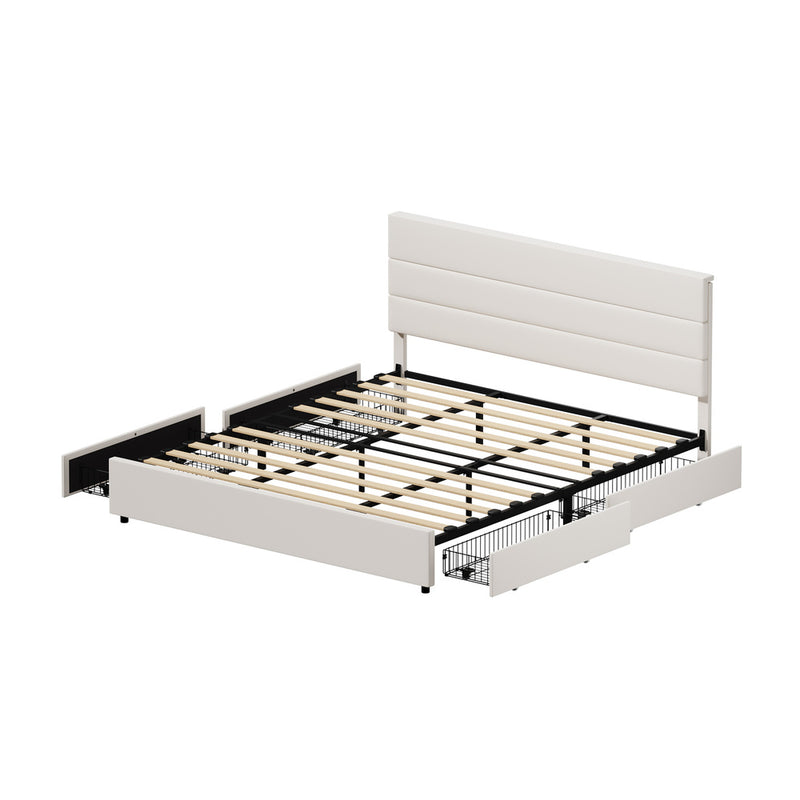 Oikiture Bed Frame King Headboard Beds with 4 Storage Drawers Beige