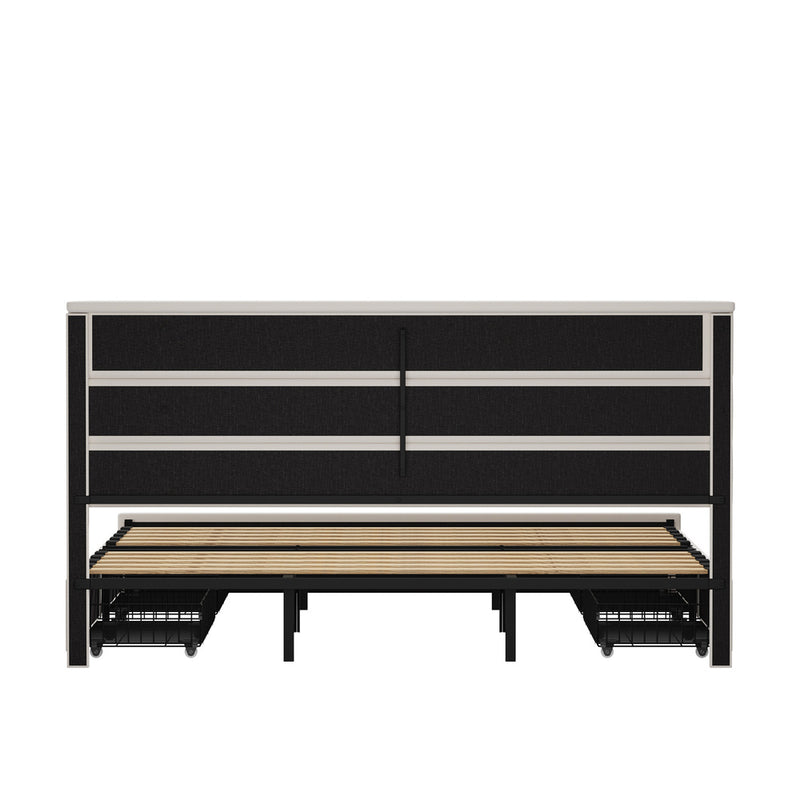Oikiture Bed Frame King Headboard Beds with 4 Storage Drawers Beige