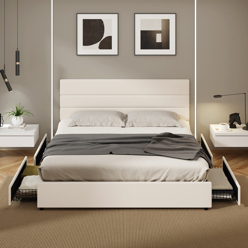 Oikiture Bed Frame King Headboard Beds with 4 Storage Drawers Beige