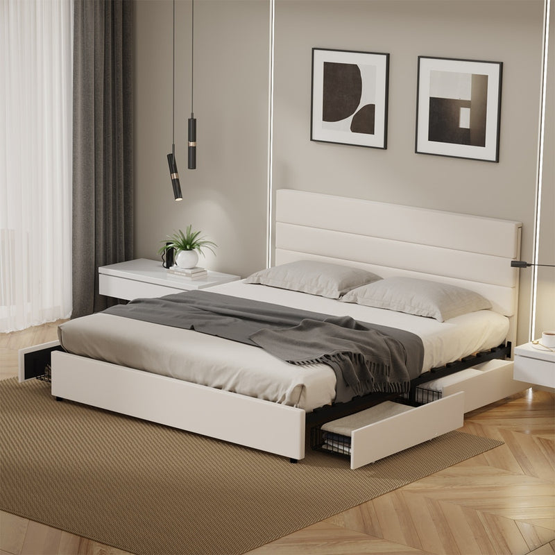 Oikiture Bed Frame King Headboard Beds with 4 Storage Drawers Beige