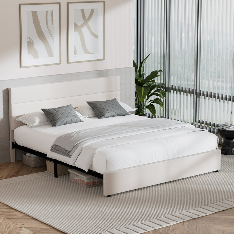 Oikiture Bed Frame King Size Platform Beds with Headboard Beige