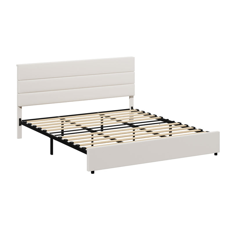 Oikiture Bed Frame King Size Platform Beds with Headboard Beige