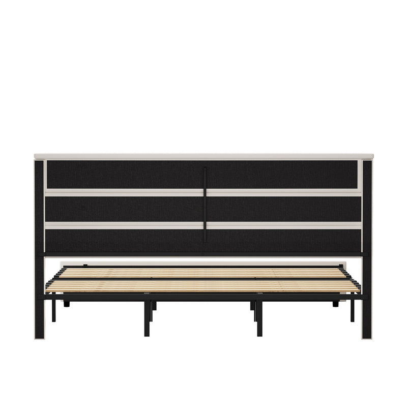 Oikiture Bed Frame King Size Platform Beds with Headboard Beige