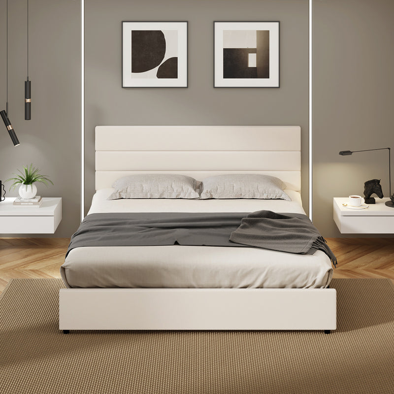 Oikiture Bed Frame King Size Platform Beds with Headboard Beige