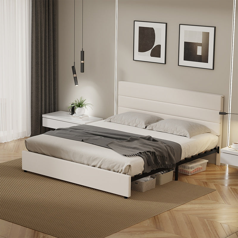Oikiture Bed Frame King Size Platform Beds with Headboard Beige