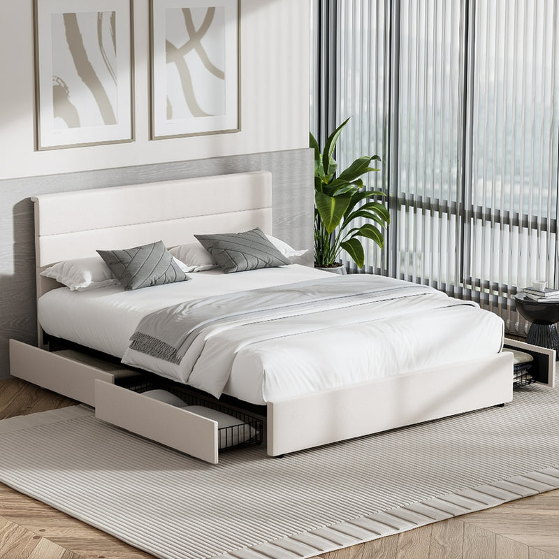 Oikiture Bed Frame Queen Headboard Beds with 4 Storage Drawers Beige