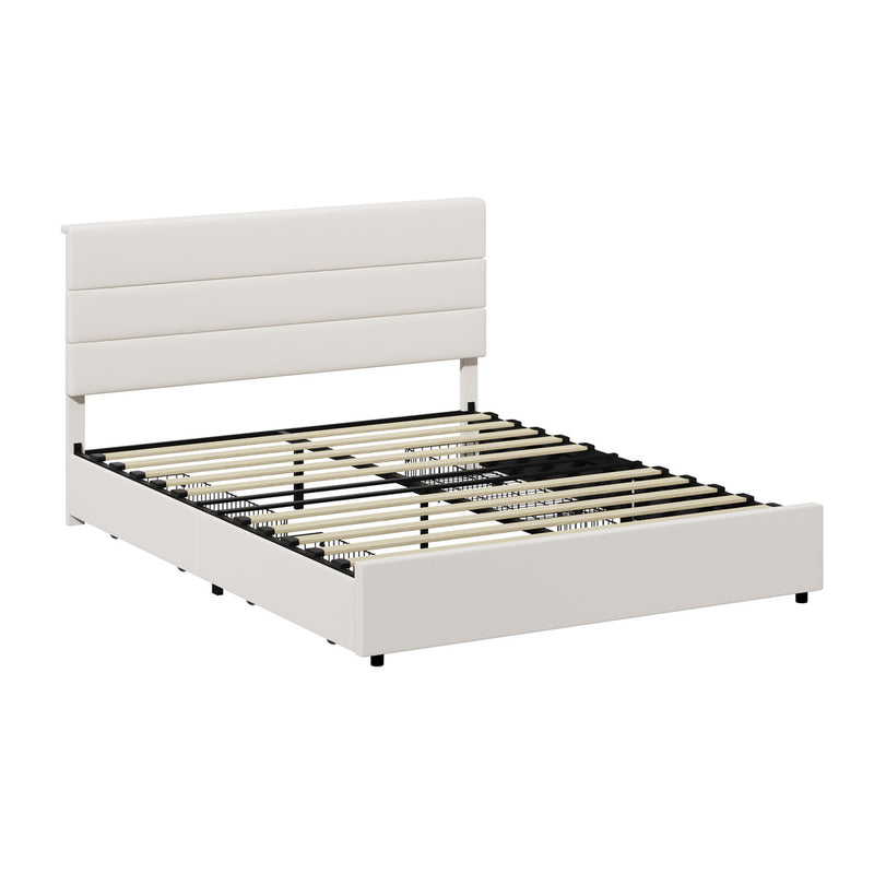 Oikiture Bed Frame Queen Headboard Beds with 4 Storage Drawers Beige