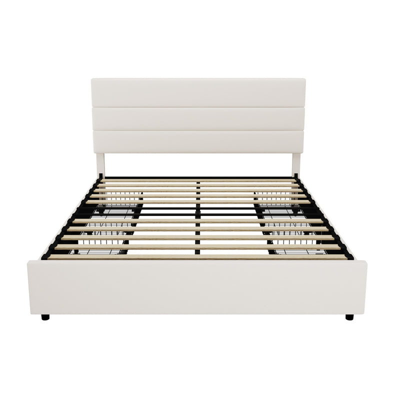 Oikiture Bed Frame Queen Headboard Beds with 4 Storage Drawers Beige