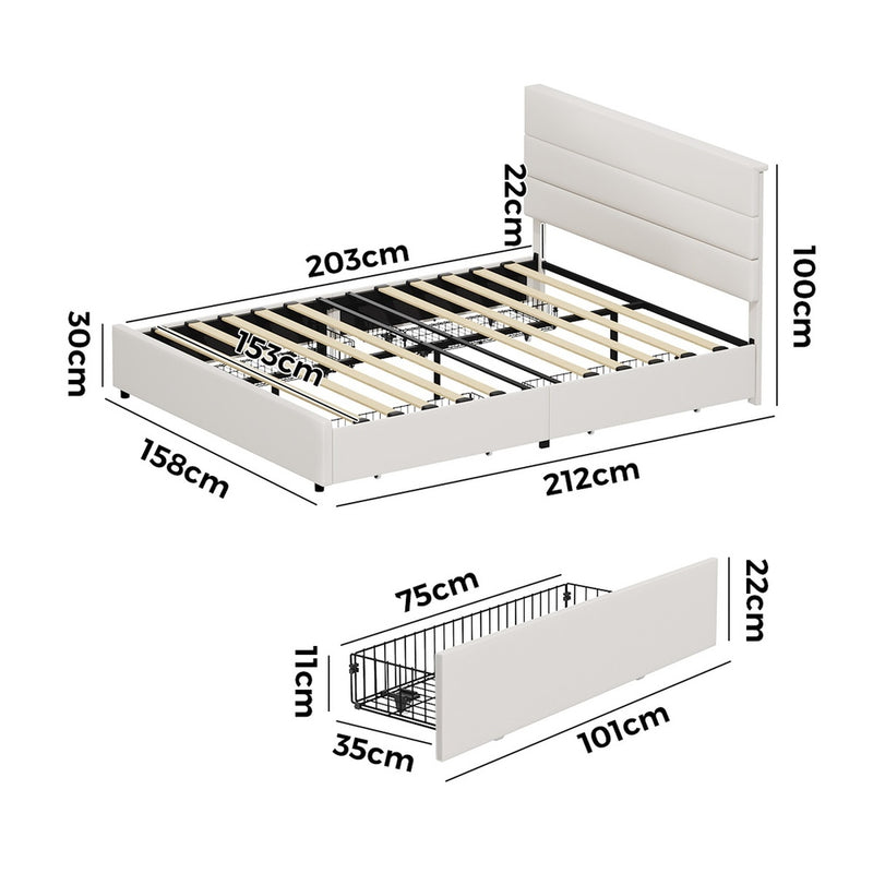 Oikiture Bed Frame Queen Headboard Beds with 4 Storage Drawers Beige