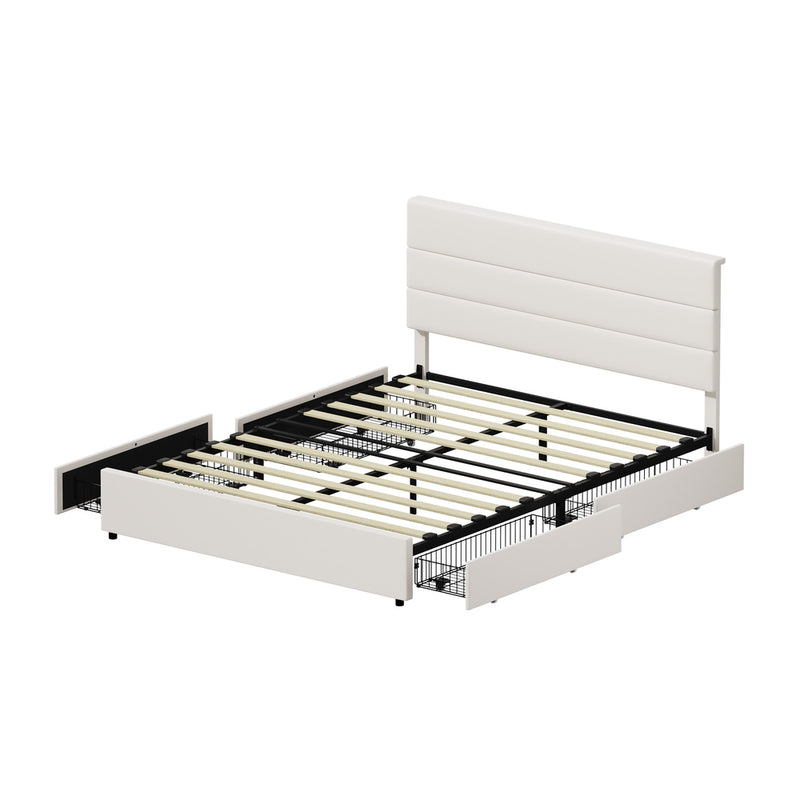 Oikiture Bed Frame Queen Headboard Beds with 4 Storage Drawers Beige