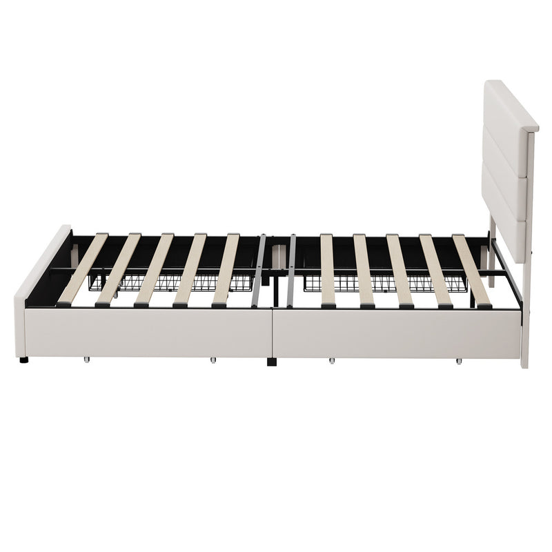 Oikiture Bed Frame Queen Headboard Beds with 4 Storage Drawers Beige
