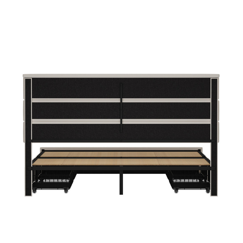 Oikiture Bed Frame Queen Headboard Beds with 4 Storage Drawers Beige